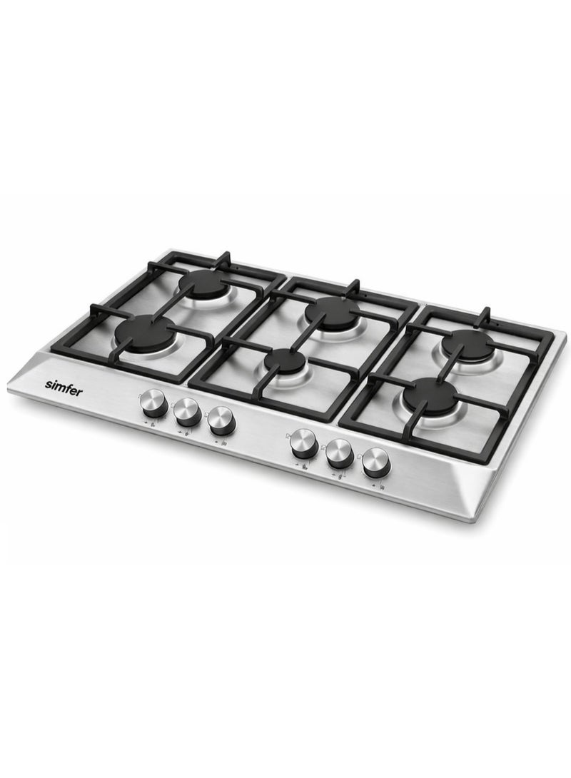 Simfer Built-In Gas Hob 90 cm Stainless Steel, Pyramidal Design, 6 Sabaf Burners, Front Control Knobs, Cast Iron Pan Supports, Auto Ignition, Full Safety – Model H9605WGWIM - Image 4